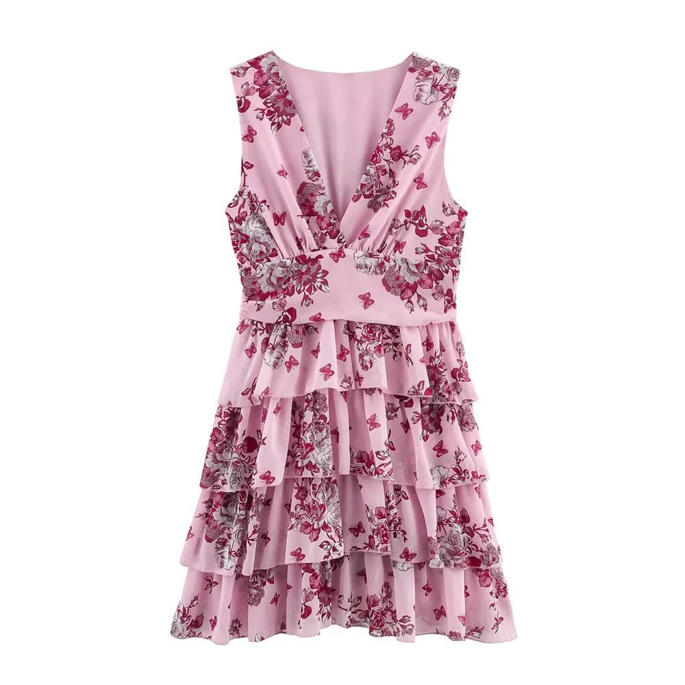 BM&MD&ZA2025multi-layer printed V-neck sleeveless layered decorative floral dress new summer women's clothing Aviola