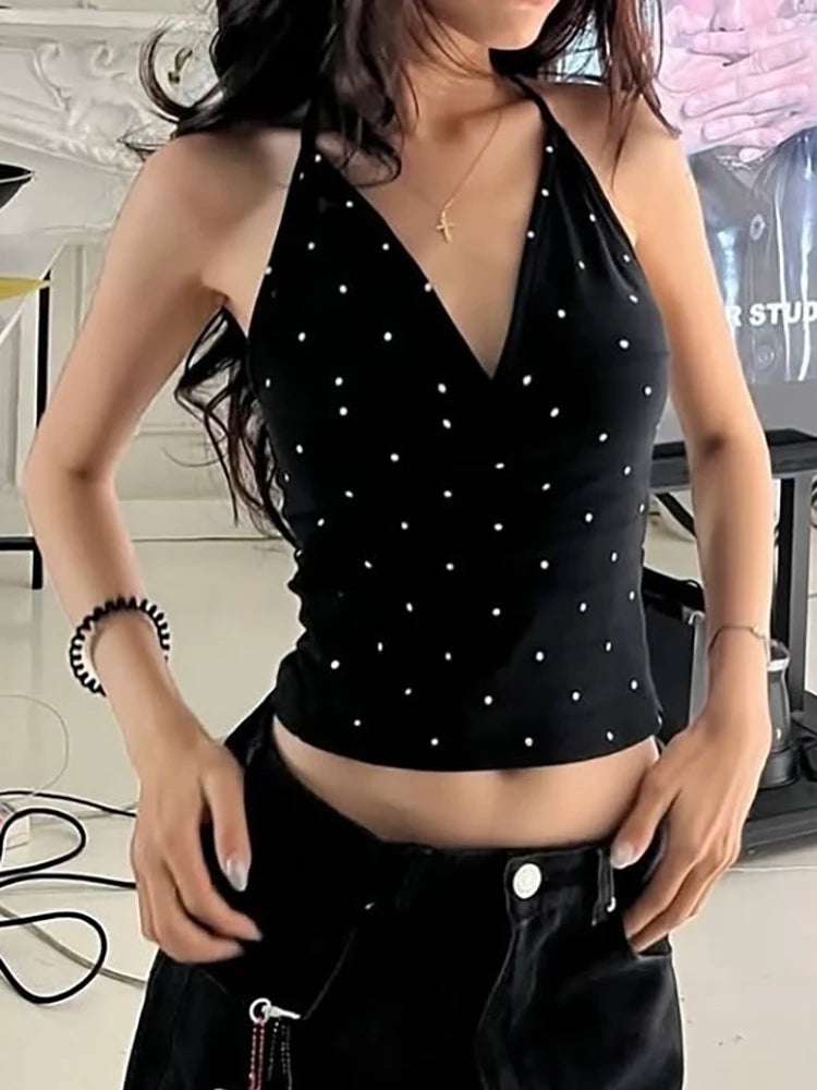 Nibber Polka Dot Print Tops Women v-Neck Halter Lace-Up Backless Sleeveless Skinny Sexy Daily Street Summer Versatile Outfits Aviola