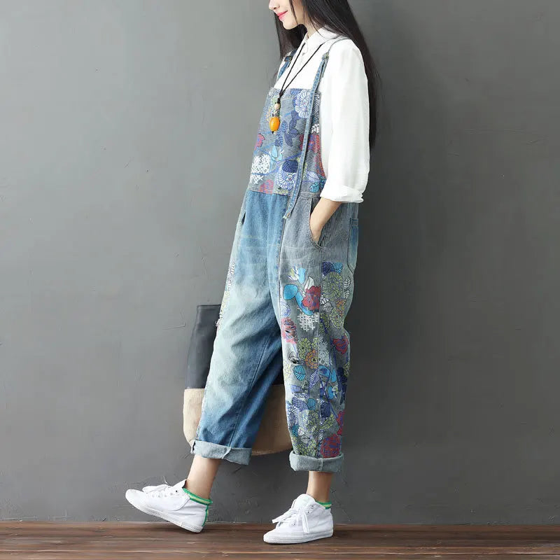 Overalls Women Suspenders Sling Jumpsuits Denim One Piece Wide Leg Long Pants High Waist Rompers Y2k Streetwear Print Floral Aviola