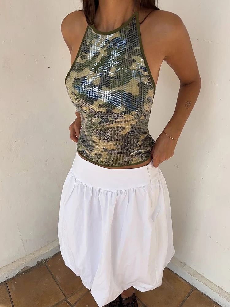 Nibber Camouflage Print Sequins Camisole Women Halter Lace-Up Backless Sleeveless Sexy Street Midnight Daily Summer Trend Tops Aviola