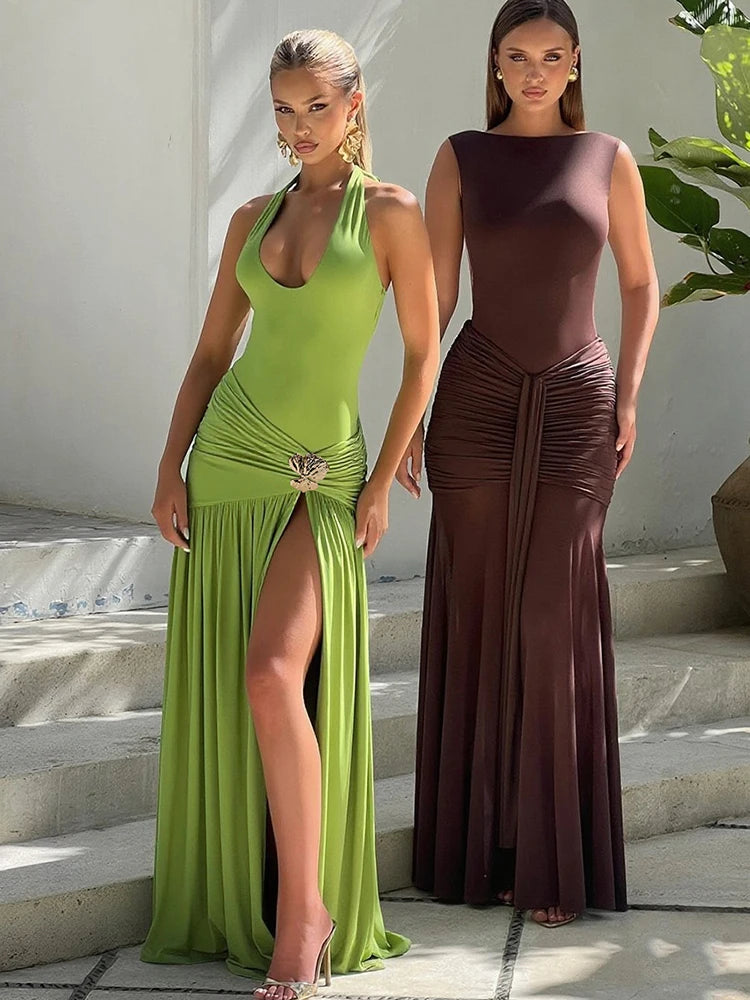 Nibber Halter Maxi Dress Women Bandage Backless High-Side Splits Low-Neck Sleeveless Metal Trim Folds Fit Temperament Vestidos Aviola
