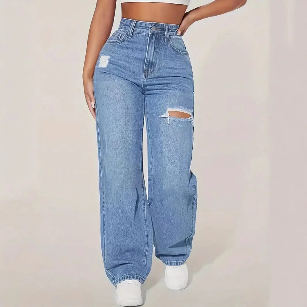 Mom Jeans Women Denim Pant Wide Leg Long Pants Hole High Waist Straight Trousers Y2k Streetwear Work Splice Casual 2025 Punk Aviola