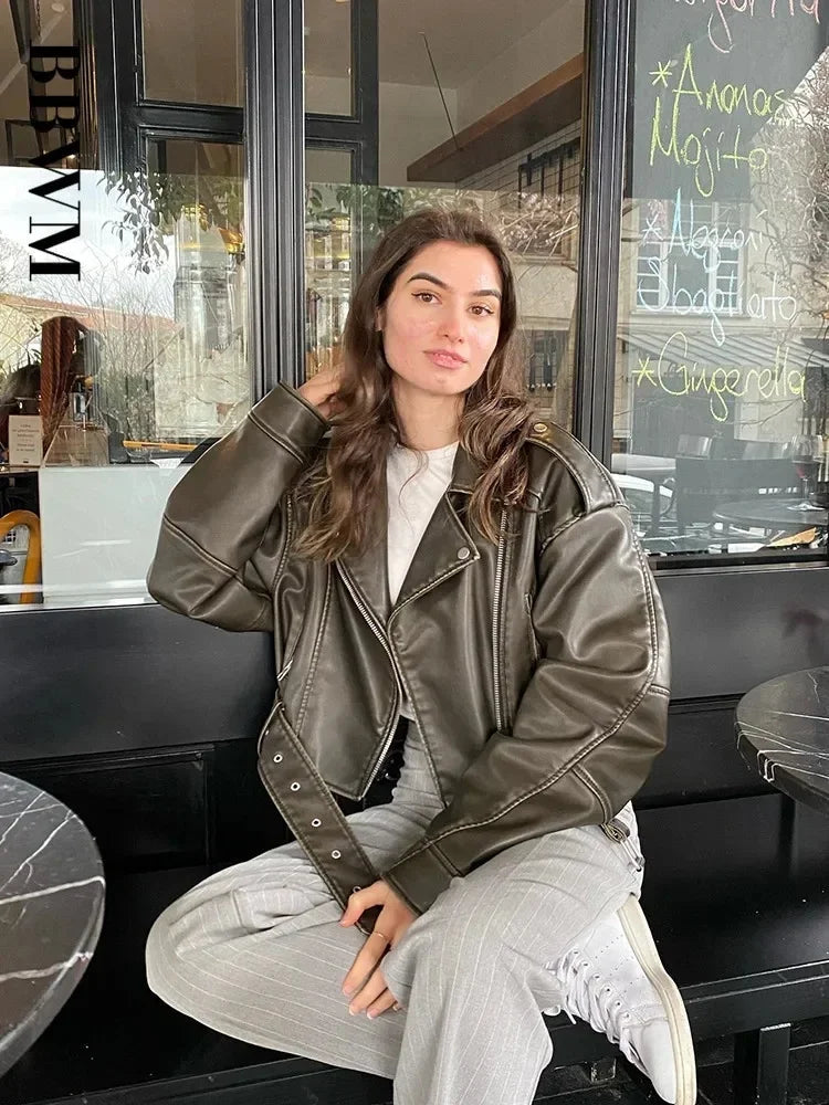 RARF Women Oversized Vintage Loose Pu Faux Leather Short Jacket with Belt Streetwear Female Zipper Retro Moto Biker Coat Outwear Aviola