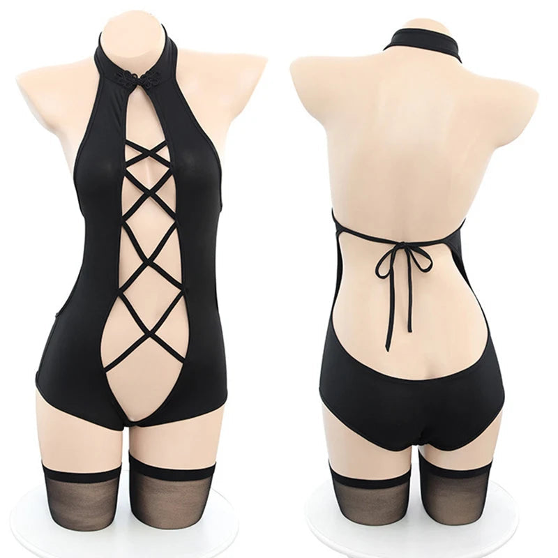 Sexy Crotchless Underwear Women Crossed Lines Hollow Bra & Brief Sets Porn Costume Backless Teddy Body Suits Erotic Lingerie Set Aviola