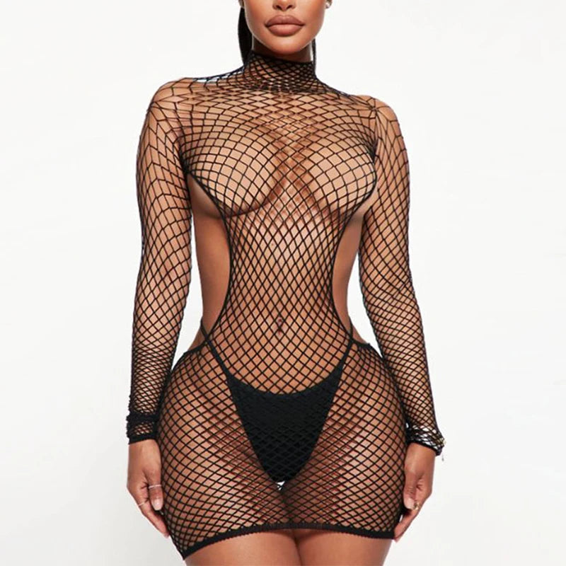 Sexy Open Back Babydoll Dress Erotic Wrap Hips Lingerie Women High Neck Long Sleeve Bodysuit Fishnet Hollow Baby Dolls Underwear Aviola