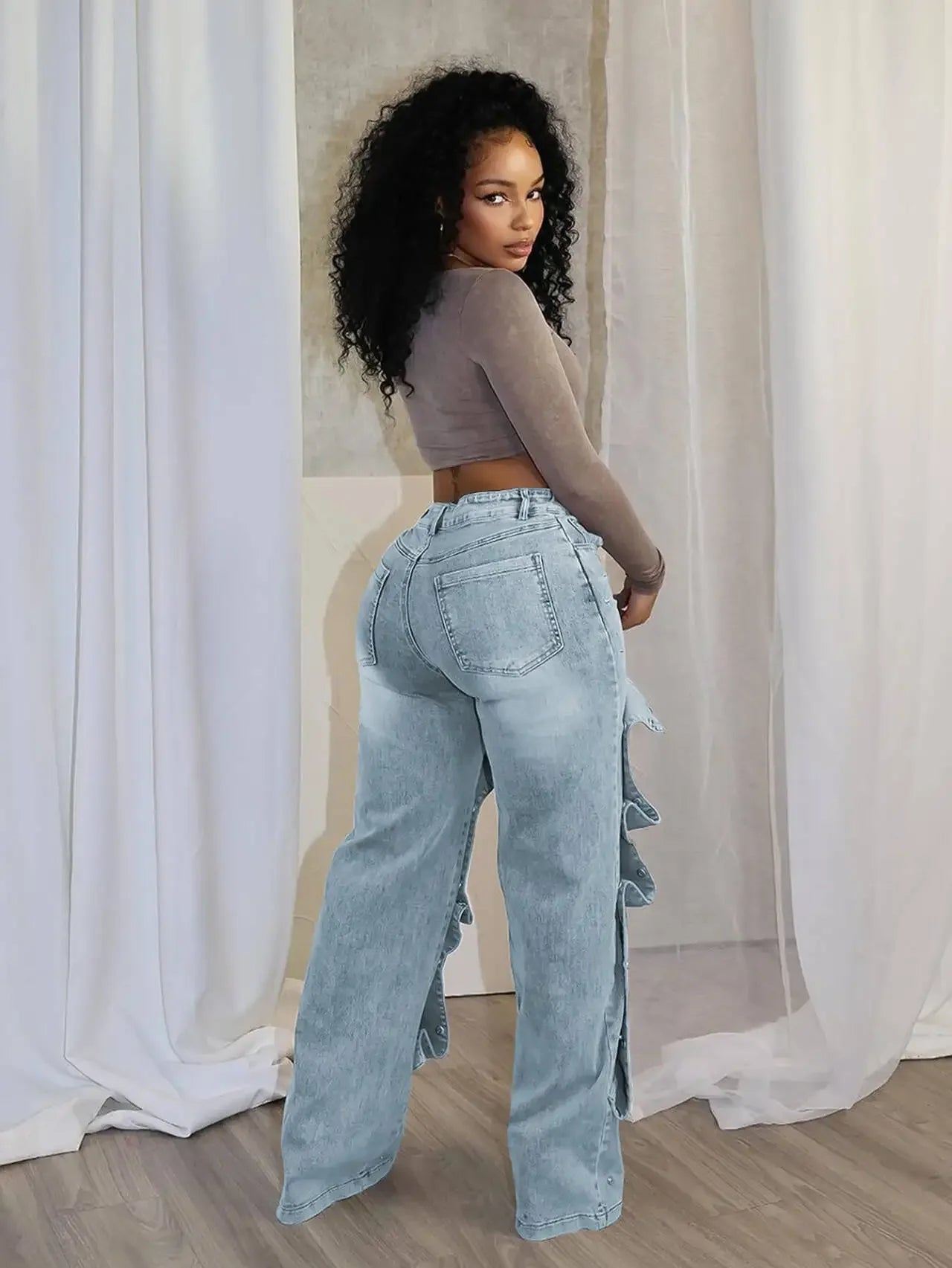 Jeans Denim Pants Women Straight Button Pockets High Waist Mom Floor Length Washed Distressed Strech Trousers 2025 Streetwear Aviola
