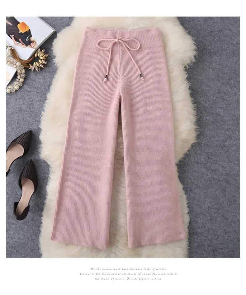 Women Tracksuit Thick Sweater Autumn Winter Knitted Two Piece Set Top+Knitted wide leg Pant Warm Sweater Elastic Trousers Suits Aviola