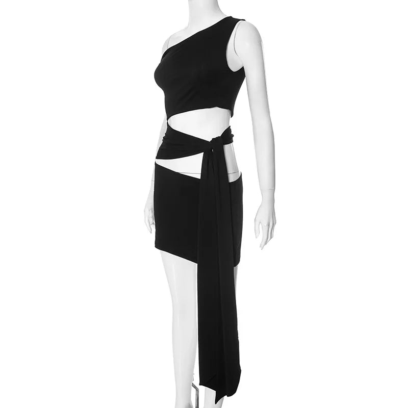 Nibber Irregular Hollow Dress Women Knot Off-The-Shoulder Bandage Biased Collar Sexy Fit Sleeveless Solid Midnight Mini Bodycon Aviola