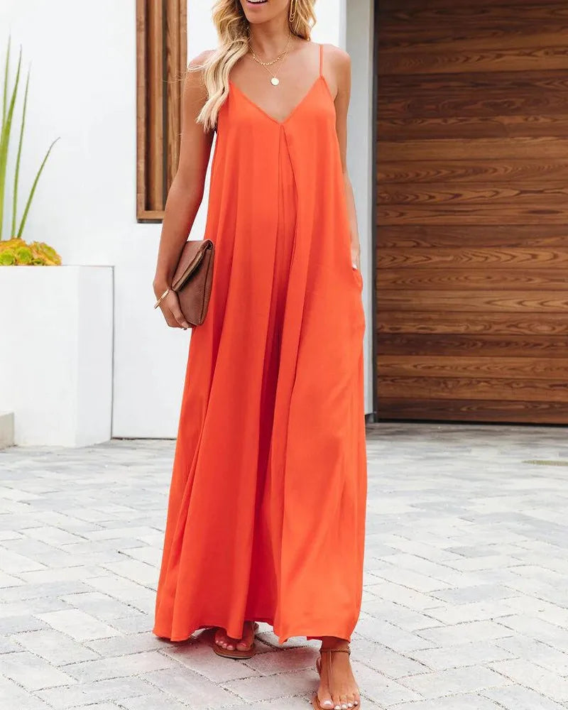 Women Jumpsuits V Neck One Piece Ankle Length Wide Leg Pants Rompers Backless Overalls Solid Pockets Loose Casual Mid Waist Aviola