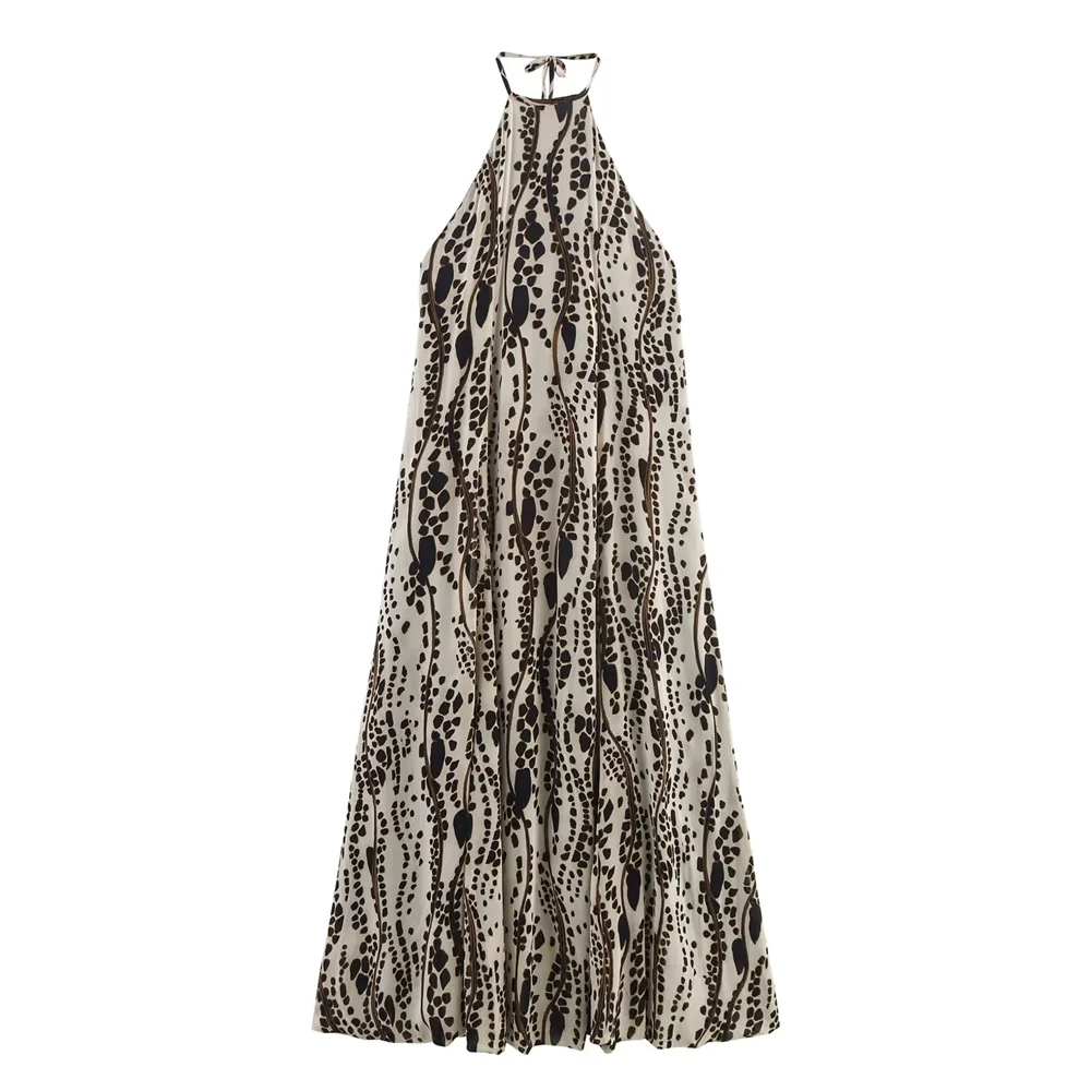 BM&MD&ZA2025all-match casual halter neck backless design bowknot adjustable print loose sleeveless dress for women Aviola