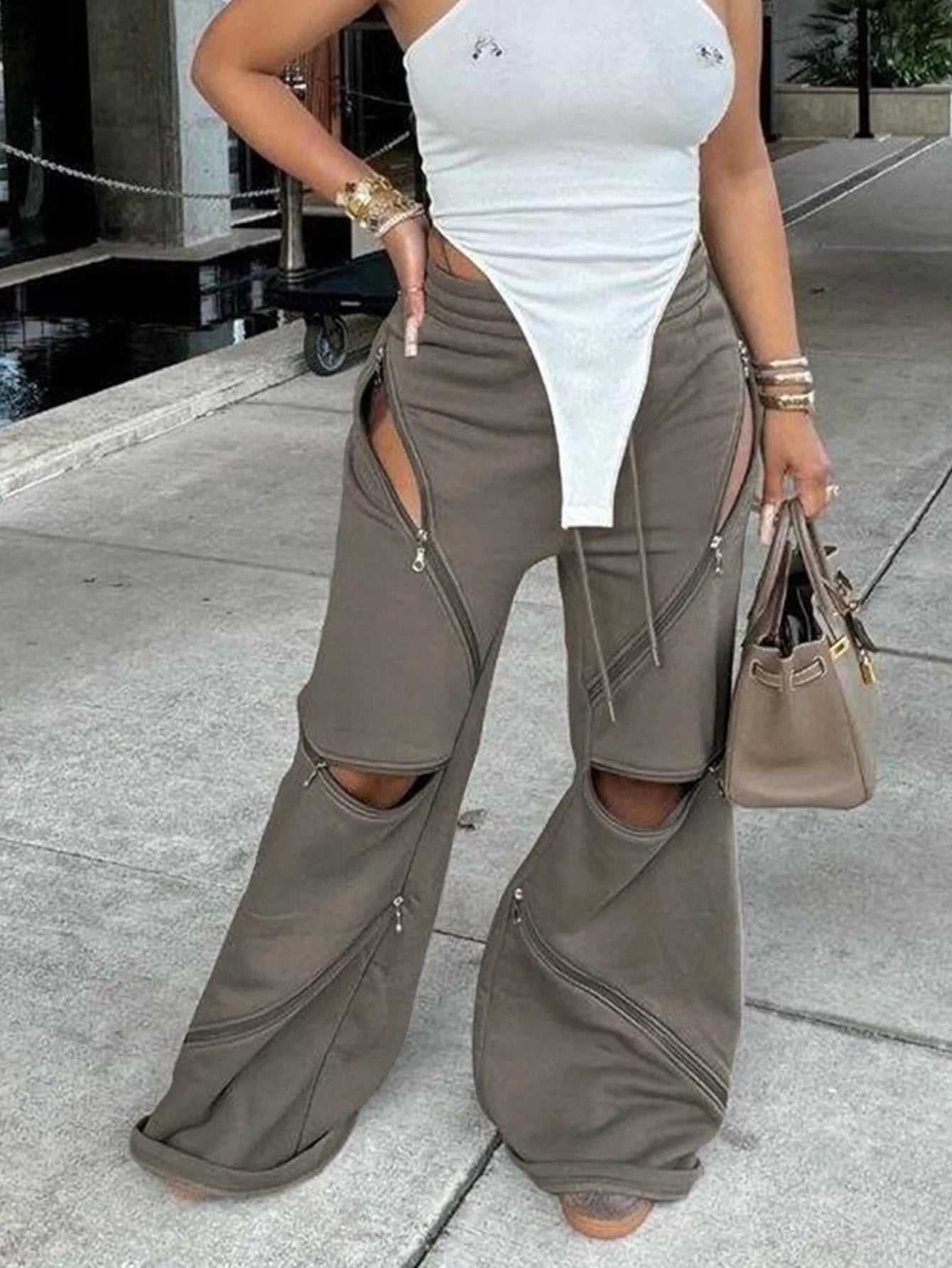 Women Boot Cut Pants Mid Waist Zipper Trousers Drawstring Pant Casual Office Lady Loose Long 2025 Summer Capris Y2k Streetwear Aviola