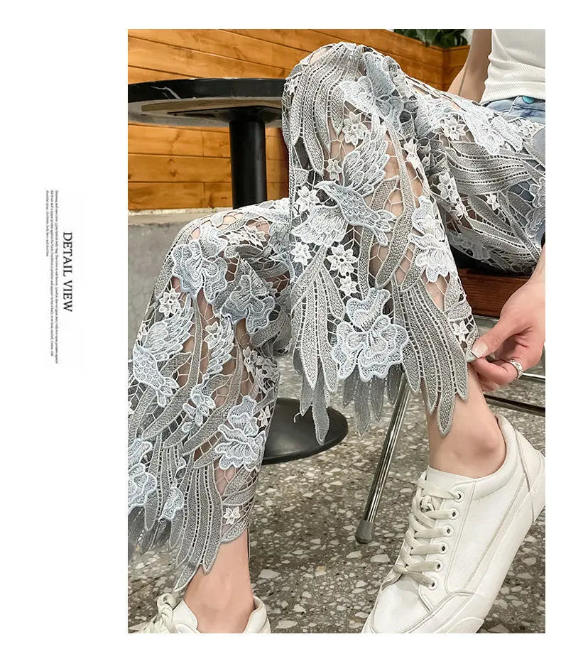 Denim Pant Women Jeans Hollow Out Floral Long Pants Slim Lace High Waist Straight Trousers Y2k Streetwear Splice Mom Party Club Aviola