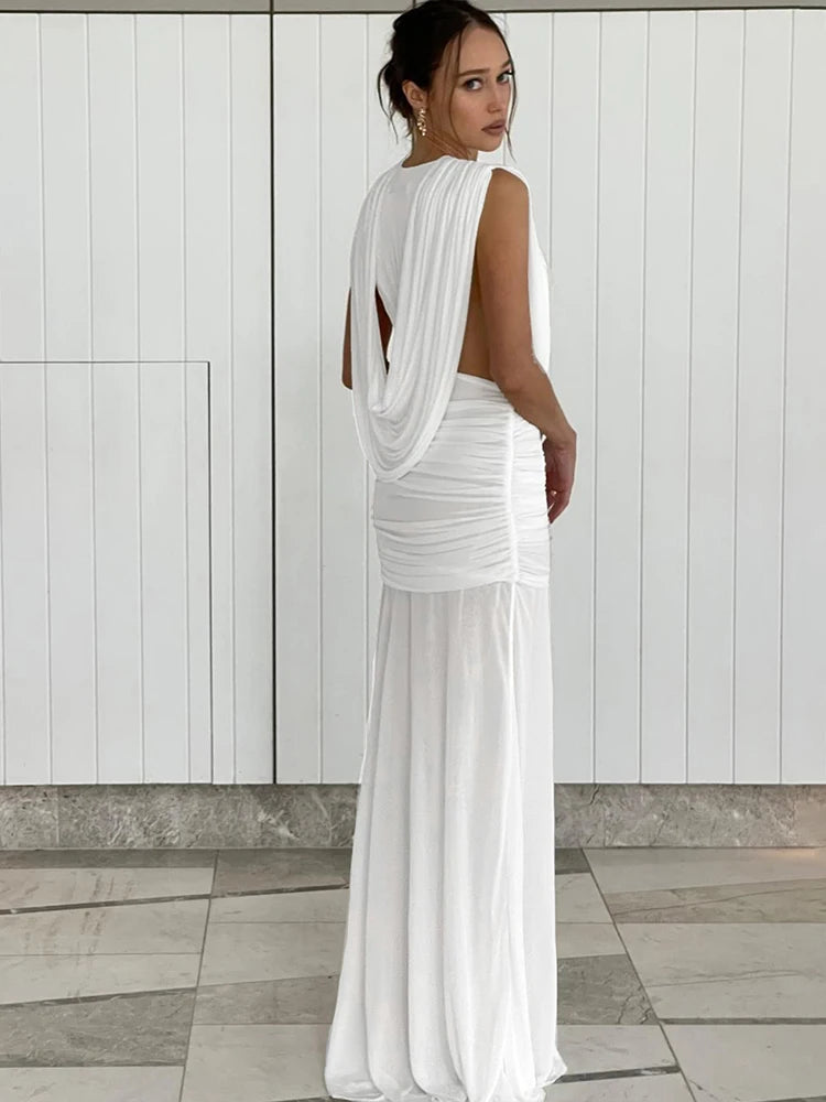 Nibber Wrap Ruched Temperament Dress Women Sexy Deep V-Neck Sleeveless High Elasticity Buttocks Beach Party Solid Long Bodycon Aviola