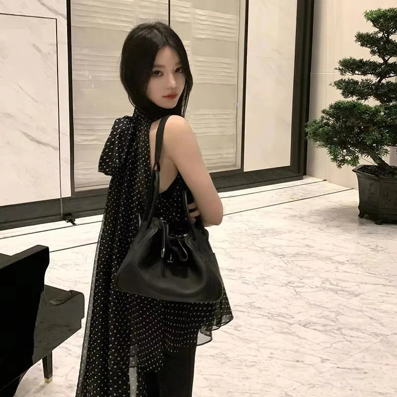 MEXZT Elegant Polka Dots Shirts Women Korean Sheer Halter Bandage Chiffon Blouses Summer Ladies Fashion Print Casual Design Tops Aviola