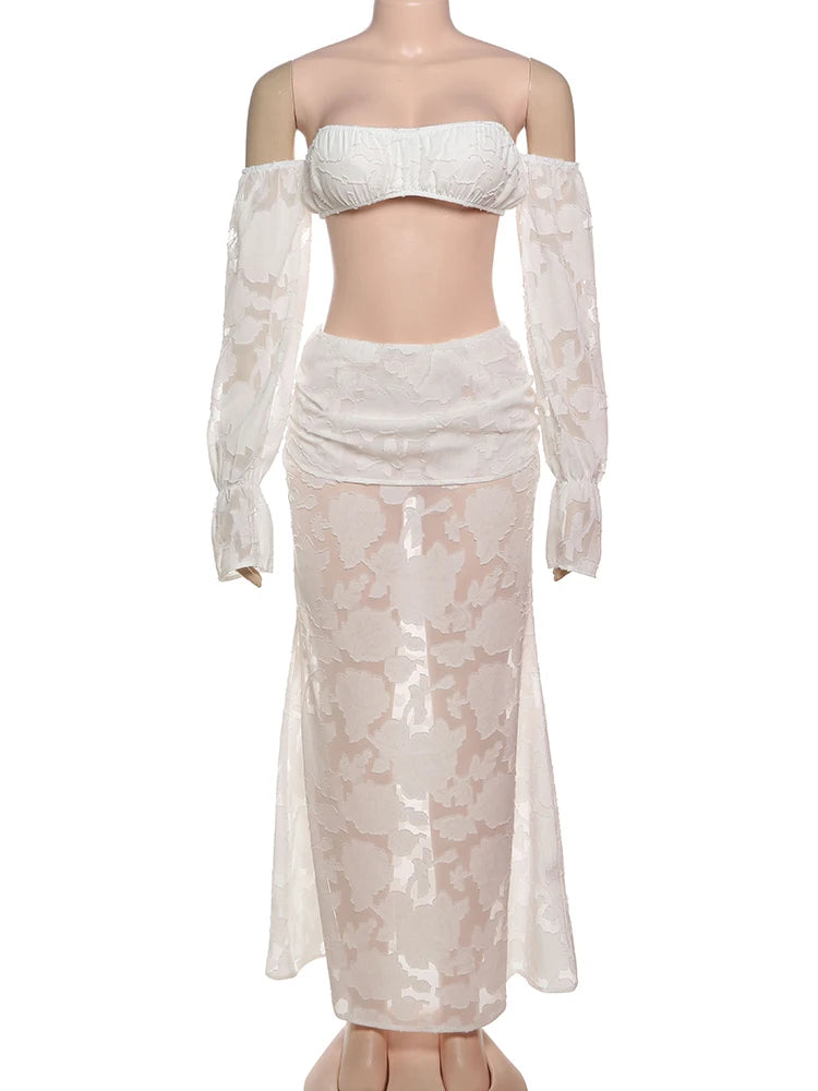 Nibber Beach Party Mesh Patchwork 2 Piece Set Women Sexy Slash Neck Flared Sleeve Crop Tops+A-Line Long Skirts Elegant Suits Aviola