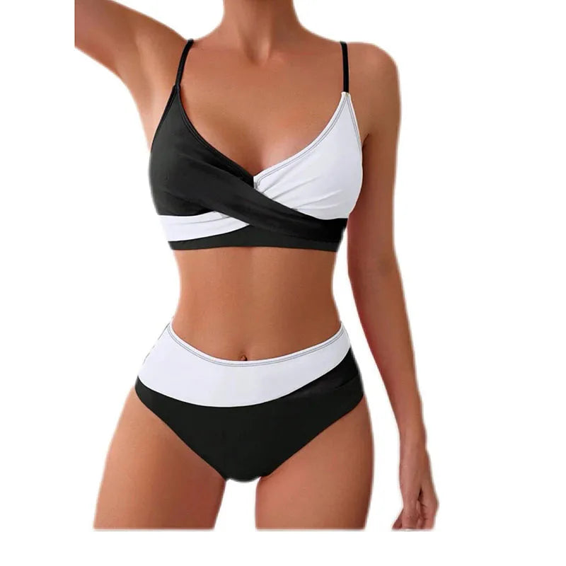 New Sexy High Waist Bikini 2025 Cross Backless Women Swimsuit Patchwork Tight Beachwear Bikini Set Seaside Sling Pool Swimwear Aviola