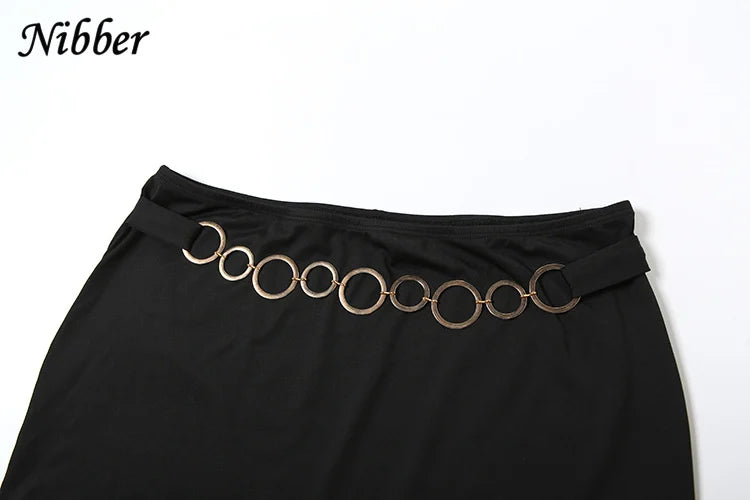 Nibber Metal Buckle 2 Piece Set Women Summer Halter Irregular Classic Tops+Skirts Skinny Solid Midnight Party Matching Suits Aviola