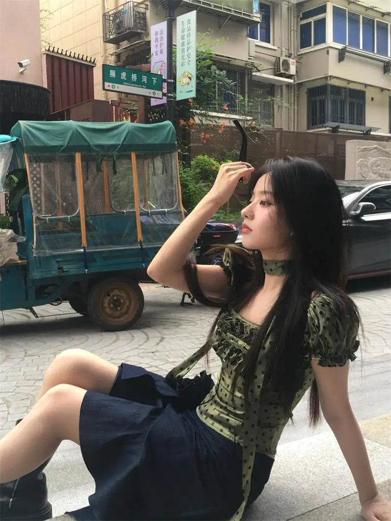 MEXZT Vintage Polka Dots Shirts Women Elegant Cropped Puff Short Sleeve Blouses Summer Korean Square Collar Slim Design Tops New Aviola