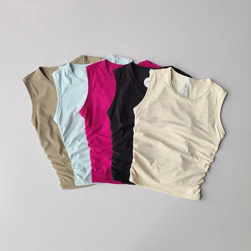 2024 Summer Women's Sports Vest Tank Vest Sleeveless Yoga Vest ruched Slim-fit Quick-dry Sports Tops Running Shirt Fitness Top Aviola