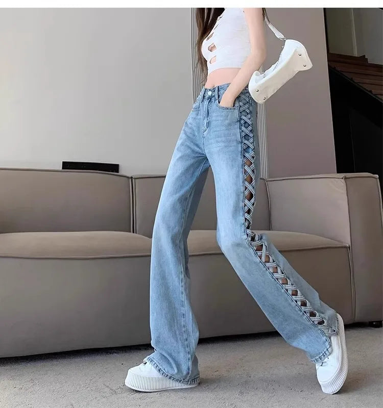 Women Casual Mom Jeans Hollow Out High Waist Trousers Button Zipper Wide Leg Pant Office Lady Loose Spring Club Y2k Streetwear Aviola