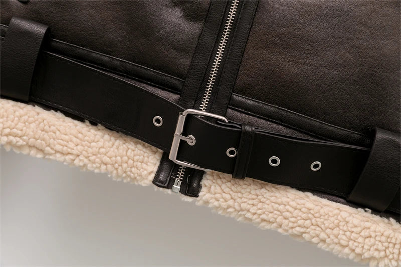 RARF 2024 New Woman's Fashion Thick Warm Faux Shearling Jacket Coat Vintage Long Sleeve Belt Hem Female Outerw Aviola