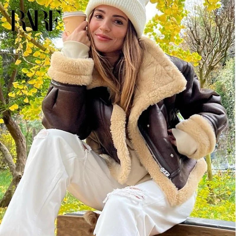 RARF 2025 New Autumn Winter Women Faux Lamb Fur Short Jacket Vintage Female Moto Biker Zipper Thick Warm Coat Fleece Outwear Aviola