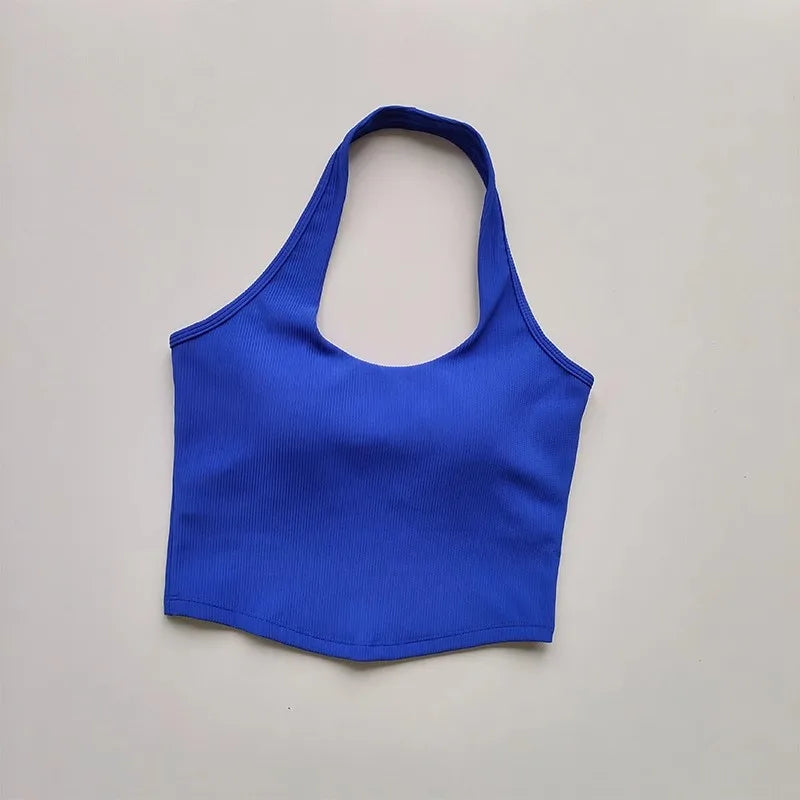 2023 Summer Sexy Sports Bra Rib Sport Top Underwear Women's Running Gathered Bra Hanging Neck Fitness Vest Fixed Padded Yoga Bra Aviola
