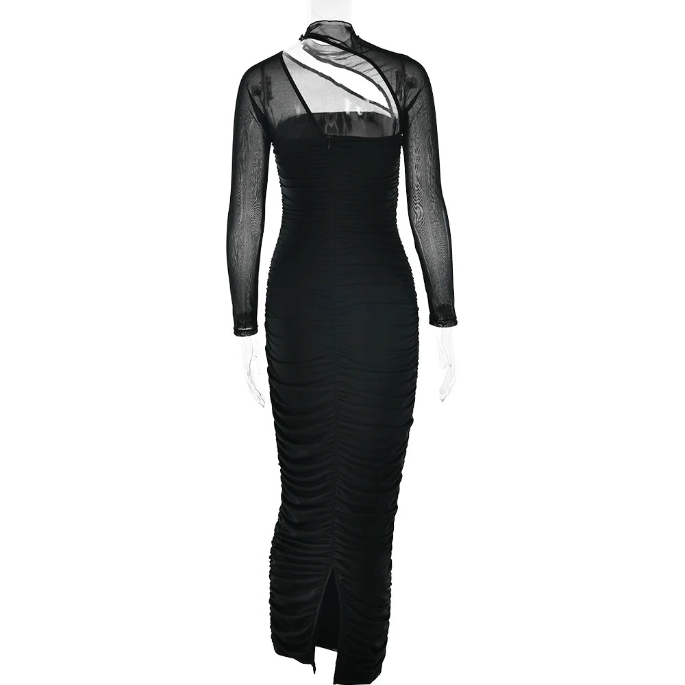 Nibber Mesh Patchwork Women Dress Long Sleeves Elegant Temperament Irregular Diagonal Collar Folds Zipper Stretch Long Bodycon Aviola