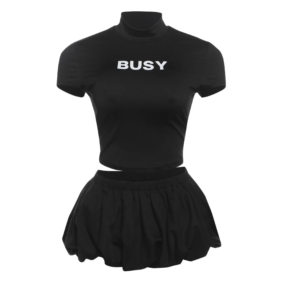 Nibber Hottie Casual 2 Piece Set Women Letter Print Shorts Sleeve Crop Tops+Puffy Skirt Simple Basic Matching Streetwear Outfits Aviola