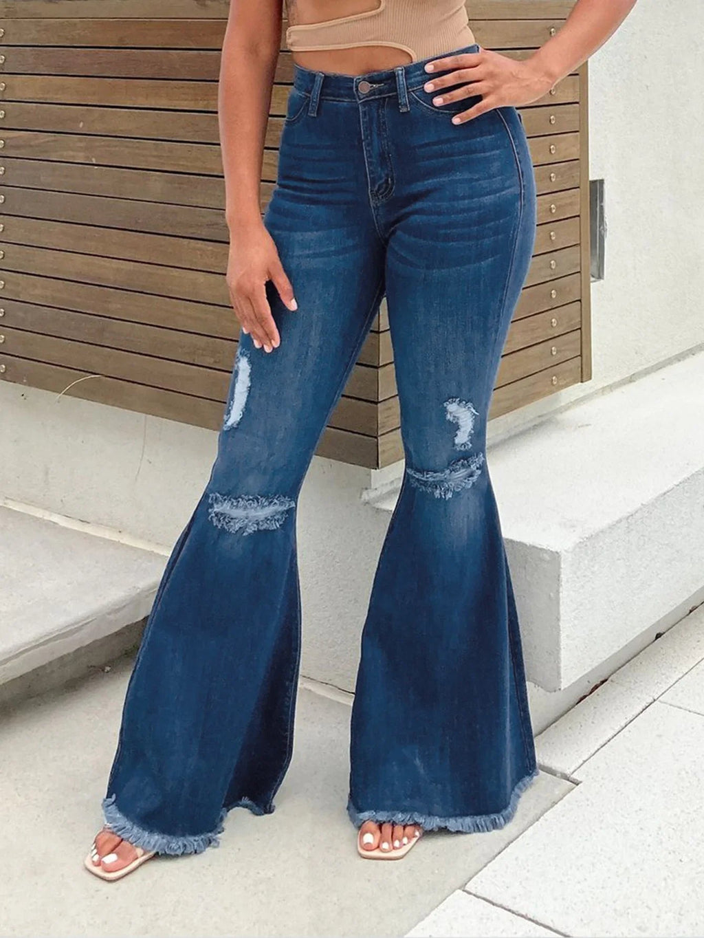 Flare Pants Ripped Jeans for Women Streetwear Mid Waist Stretch Washed Distressed Casual Denim Trousers Hole Boot Cut Mom 2025 Aviola