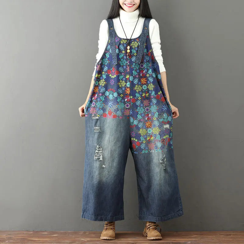 Jean Women Overalls Washed Denim Bleached Wide Leg Pants Hole Ripped Ankle Length Jeans Distressed Pockets Print Casual Aviola