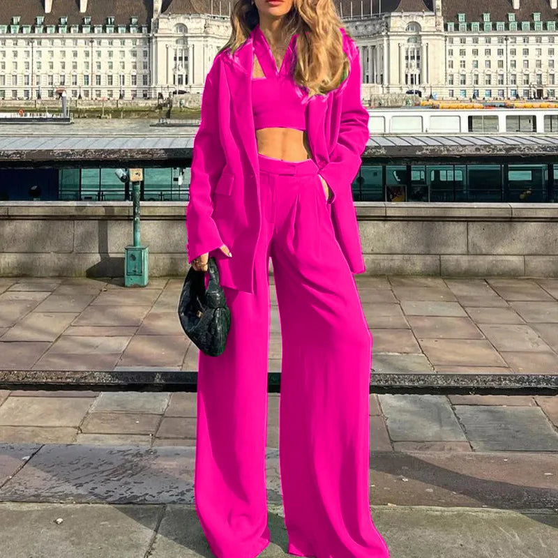 Women Tracksuit Three Pieces Set Turn Down Collar Cardigan Single Button Solid Outerwear Pockets Wide Leg Pants Office Lady Aviola