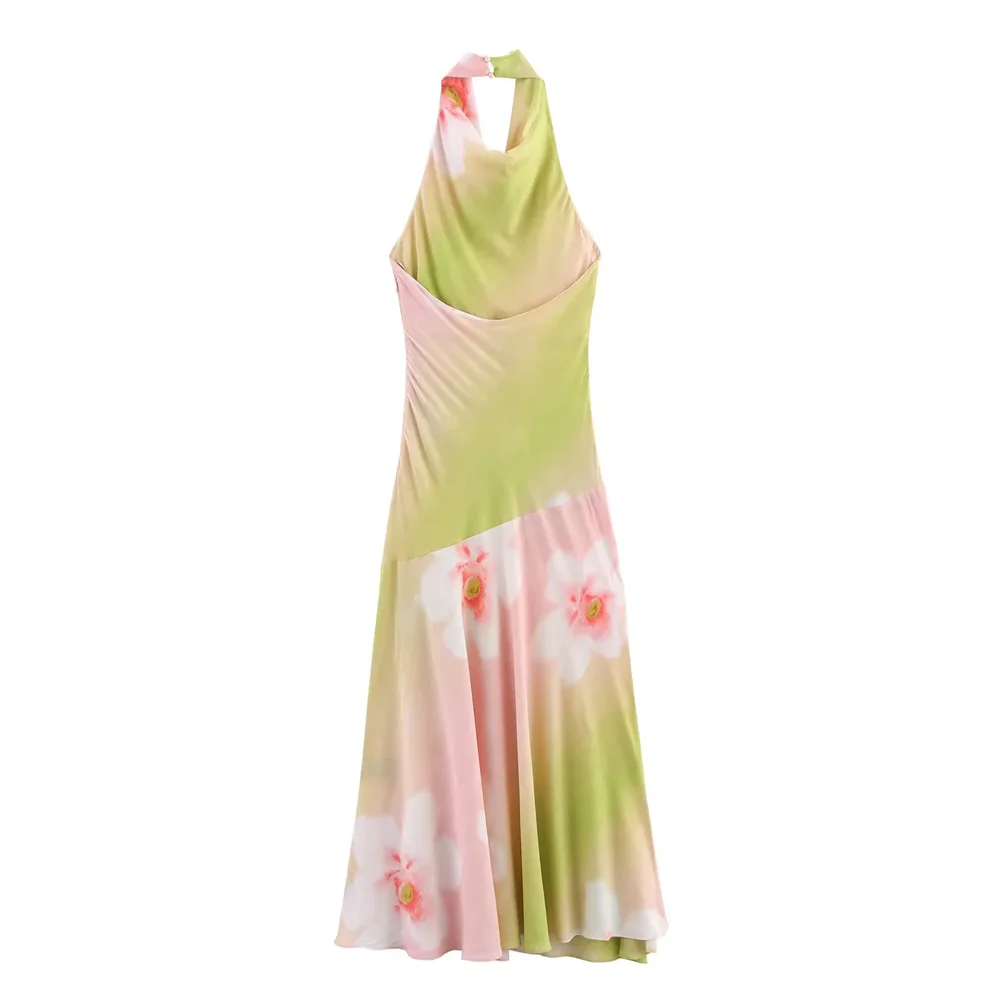 BM&MD&ZA2025backless printed halter neck flower temperament slim long dress sleeveless dress summer new women's clothing Aviola