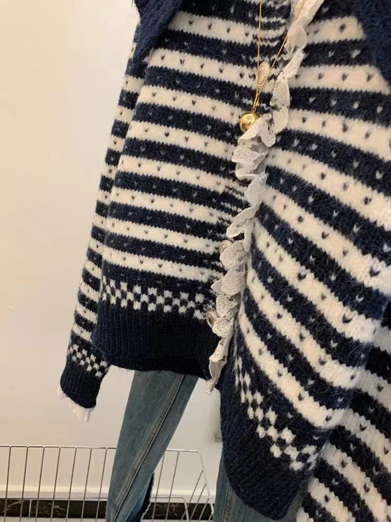 MEXZT Vintage Striped Knitted Cardigan Women Harajuku Cropped Sweater Outerwears Korean Lace Patchwork Knitwears Winter Jumpers Aviola