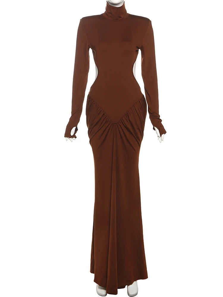 Nibber Backless Maxi Dress Women High Neck Long Sleeves Waistless Peach Buttocks Folds Shoulder Pads Elegant Banquet Vestidos Aviola