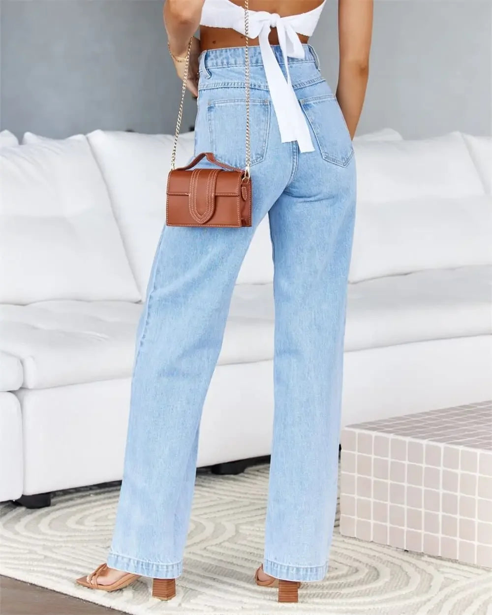 Women Jeans Straight Pants Denim Washing High Waist Loose Fit Pockets Button Basics Wide Leg Trousers Solid Color 2024 Casual Aviola
