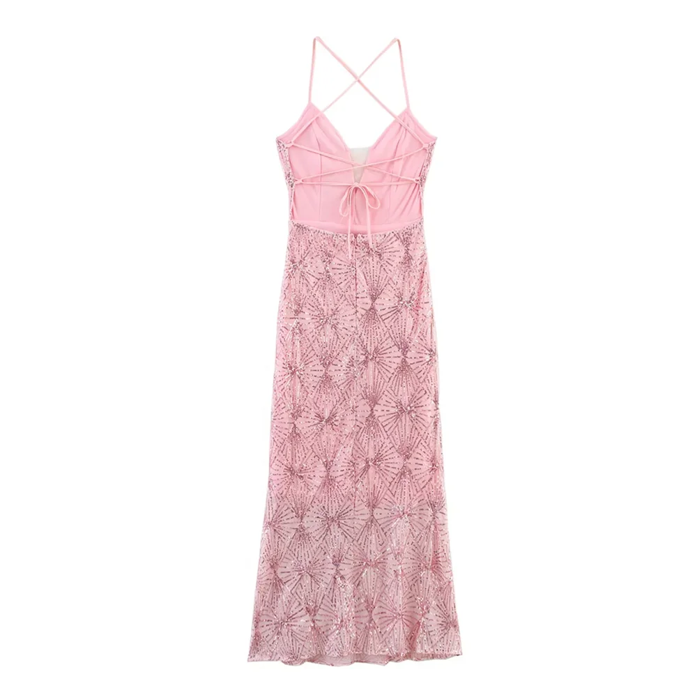 BM&MD&ZA2025elegant sequins decoration seaside holiday style backless lace-up design dress summer new women's clothing Aviola