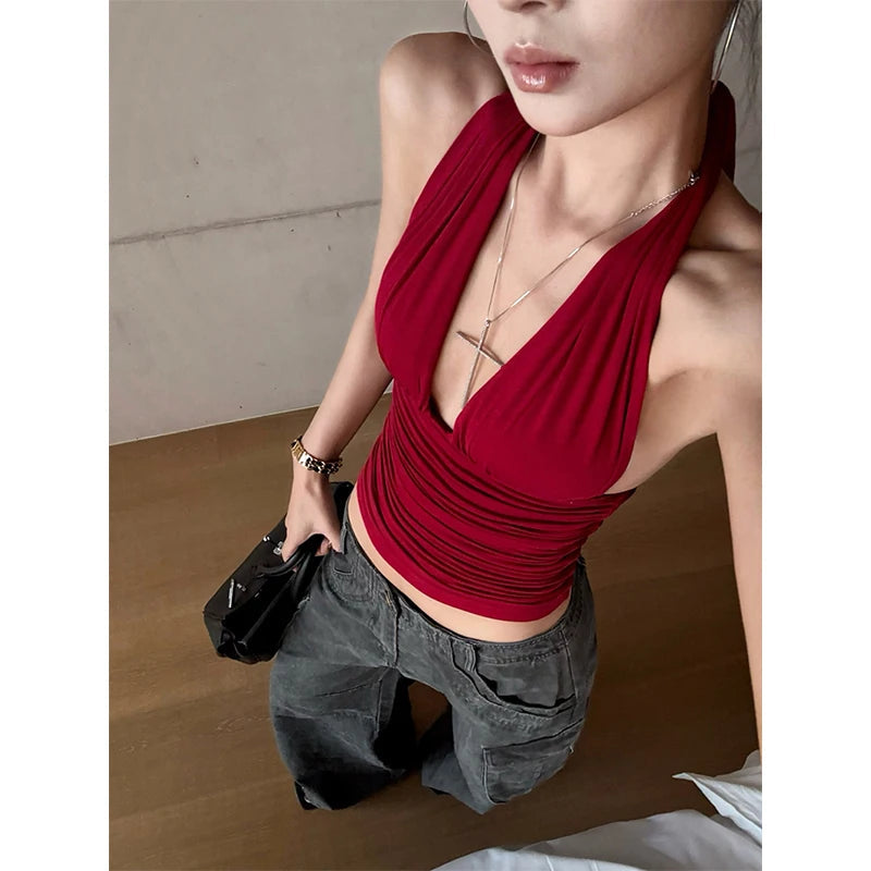 MEXZT Y2K Red Tank Top Women Streetwear Sexy Gyaru Halter Backless Corset Grunge Aesthetic V Neck Camis Summer Coquette Clothes Aviola