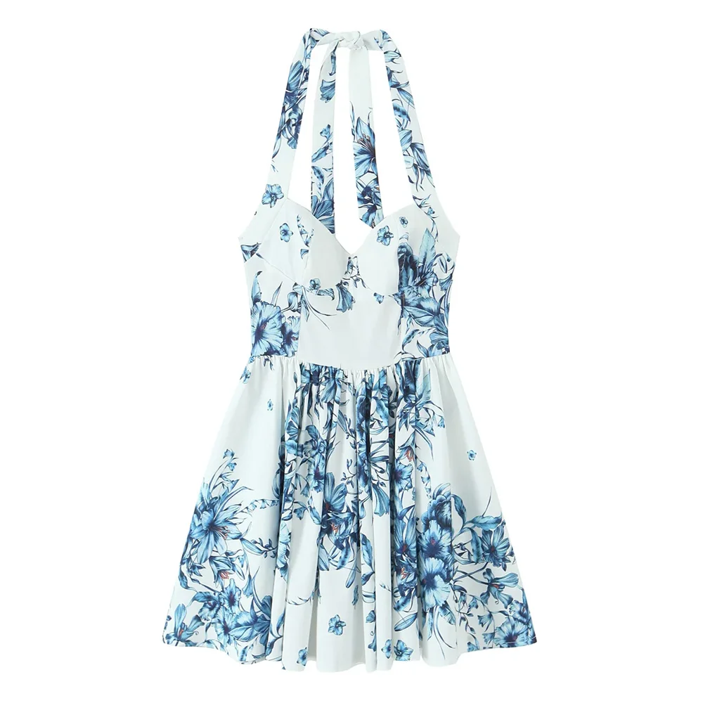 BM&MD&ZA2025Flower Print Halter Collar Summer New Arrivals Women's Backless Casual A-line Dress Short Skirt Aviola