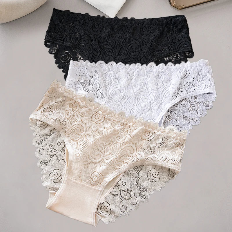 3PCS/Set Black White Apricot Solid Color Cotton Panties Sexy Female Underwear Lingerie Hollow Out Lace Briefs for Ladies Aviola
