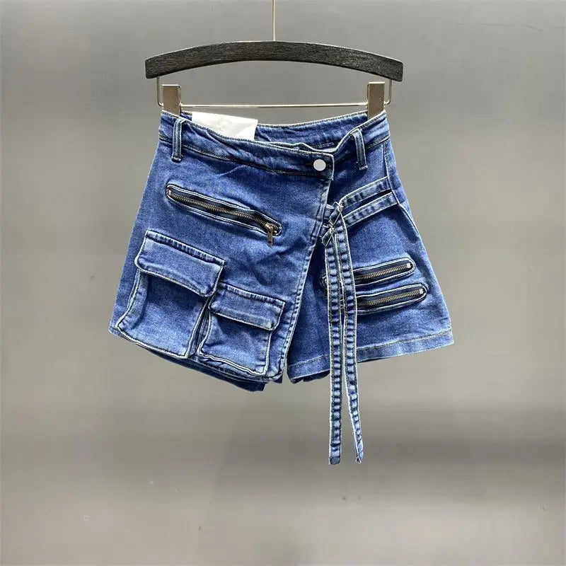 Denim Skirt Women Jeans Culottes Cargo Shorts Irregular Washed High Waist Multiple Y2k Punk Streetwear Short Pants Summer 2025 Aviola