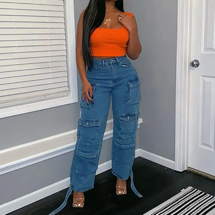 Women Jeans Washing Denim Patchwork Cargo Pants Pockets Mid Waist Zipper Mom Jeans Winter 2025 Slight Strech High Street Loose Aviola