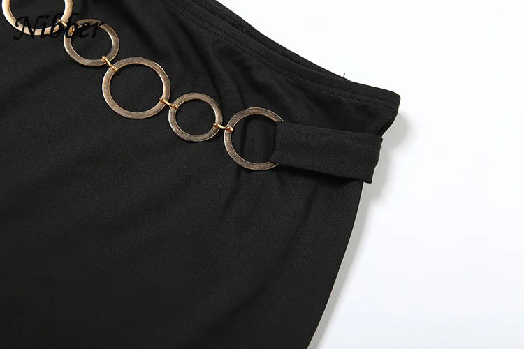 Nibber Metal Buckle 2 Piece Set Women Summer Halter Irregular Classic Tops+Skirts Skinny Solid Midnight Party Matching Suits Aviola