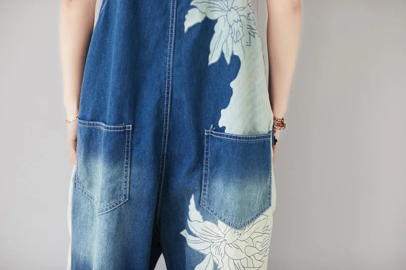 Ankle Length Denim Overalls Women Jeans Spliced Wide Leg Pants Streetwear Washed Jean Loose Fit Pockets 2024 Print Summer Aviola