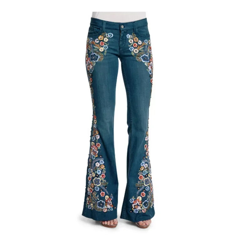 Distressed Flare Jeans Women High Waist Denim Blue Pant Vintage Embroidery Ankle Length Pants Casual Basics 2025 Pockets Loose Aviola