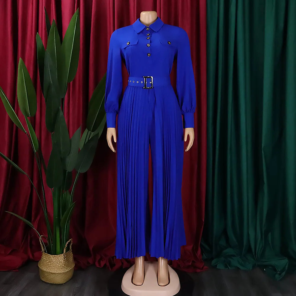 pleated Jumpsuits Women Single Breasted Long Sleeve Rompers Overalls Wide Leg Pants Spliced Sashes Slim Fit One Piece Button Aviola