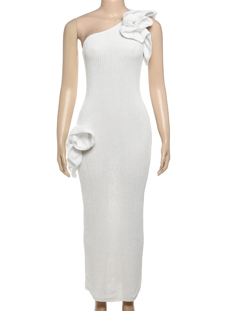 Nibber Casual Strapless Maxi Dress Women Ruched 3d Flowers Diagonal Collar Backless Holiday Crochet Elegant Fashion Vestidos Aviola