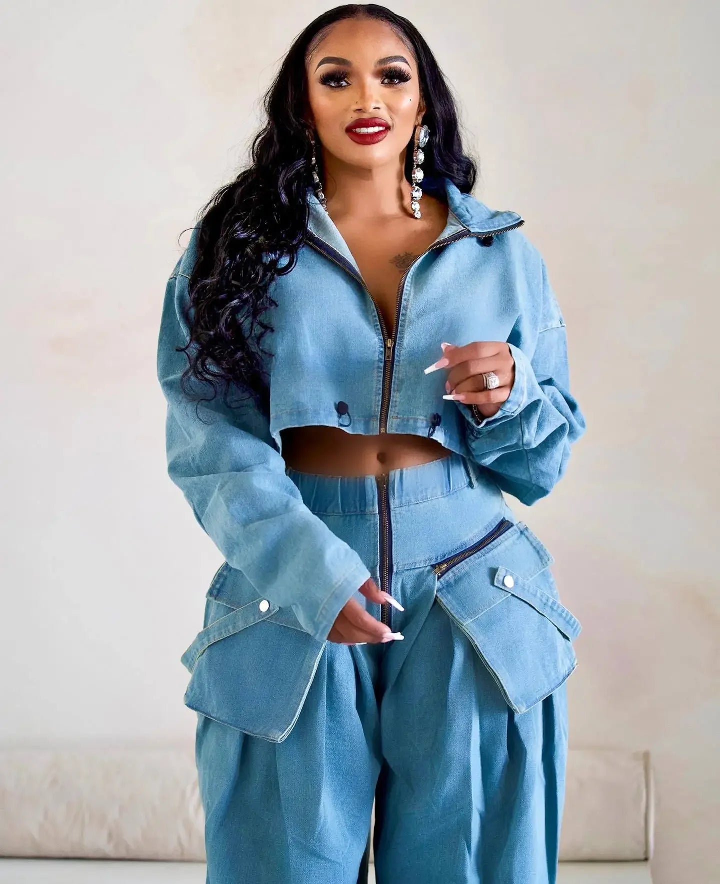 Denim Two Piece Sets Women Coat Jacket Wide Leg Pants Jeans Suits Matching Sets Trousers Outfits 2025 Y2k Streetwear Party Aviola