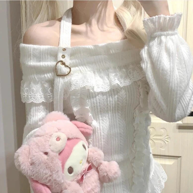 MEXZT Kawaii Pink Slash Neck Sweater Women Lolita Lace Patchwork Knitted Pullovers Y2K Cropped Halter Knitwear Aesthetic Jumpers Aviola