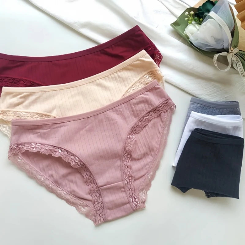 5Pcs/Set Cotton Panties Women Lace Trim Briefs Female Underpants Solid Color Panty Seamless Underwear M-XL Panties Lingerie Aviola
